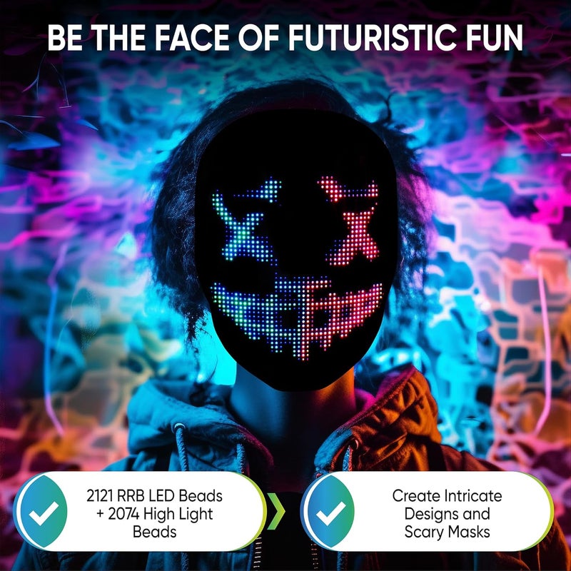 Pixel Stackers Glow Gear Face Transforming LED Mask App-Controlled Light Up Cosplay Mask with 115+ Animated Faces, Customizable LED Patterns, Rechargeable Battery Rave, Festival, Halloween, DJ Accessory - Image 5
